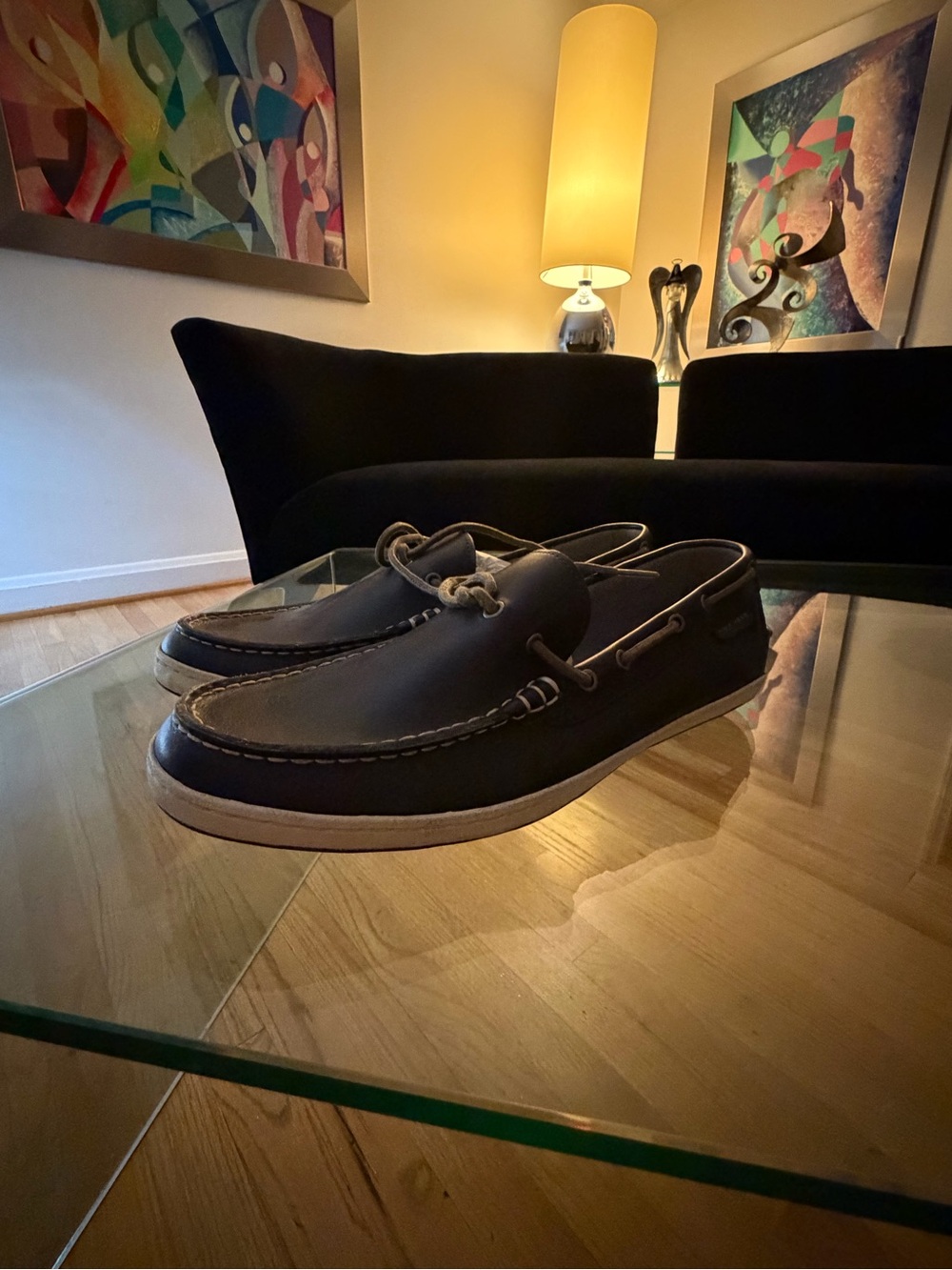 Cole Haan Black Leather Boat Shoes with Tan Laces